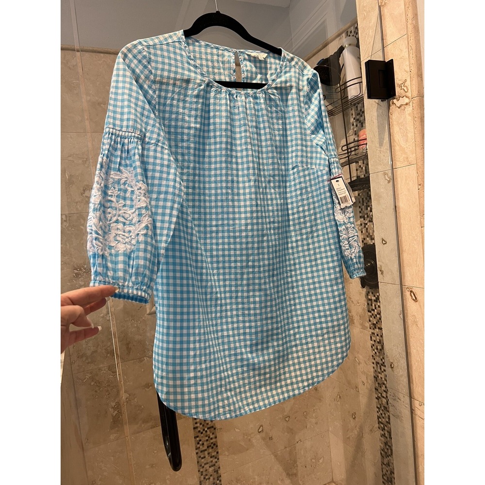 Crown & Ivy Blue White Checkered Balloon 3/4 Sleeve Embroidered Blouse S NEW